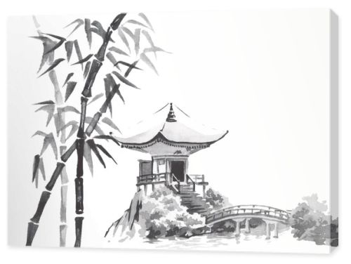 Japan traditional sumi-e painting. Fuji mountain, sakura, sunset. Japan sun. Indian ink illustration. Japanese picture.