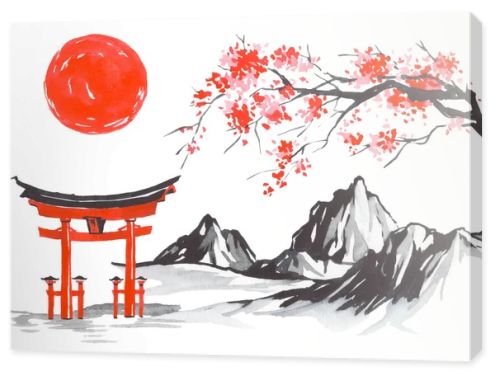 Japan traditional sumi-e painting. Fuji mountain, sakura, sunset. Japan sun. Indian ink illustration. Japanese picture.