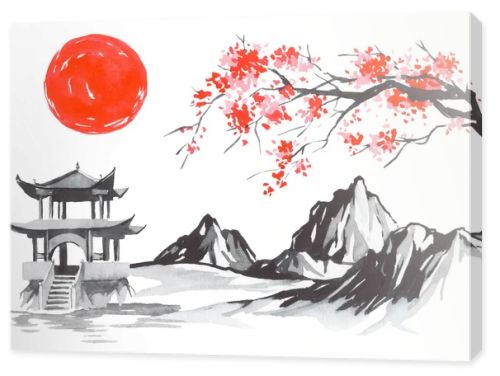 Japan traditional sumi-e painting. Fuji mountain, sakura, sunset. Japan sun. Indian ink illustration. Japanese picture.