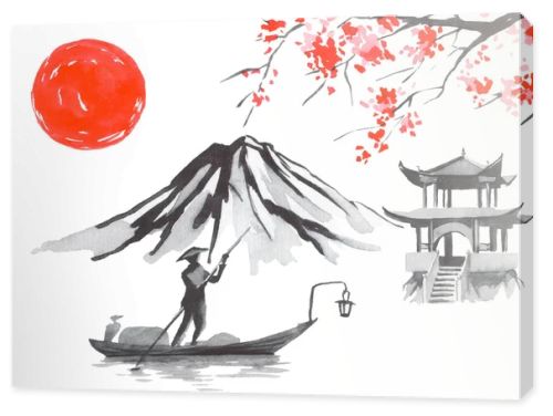 Japan traditional sumi-e painting. Fuji mountain, sakura, sunset. Japan sun. Indian ink illustration. Japanese picture.