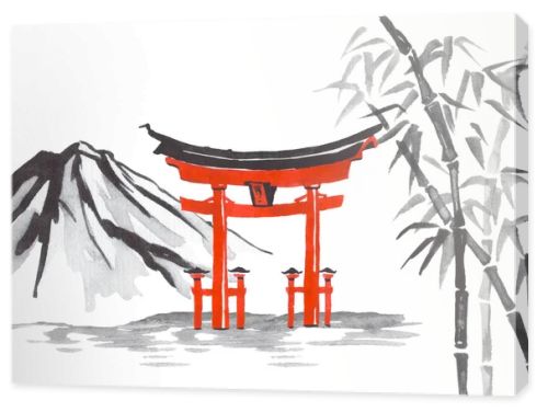 Japan traditional sumi-e painting. Fuji mountain, sakura, sunset. Japan sun. Indian ink illustration. Japanese picture.