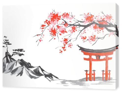 Japan traditional sumi-e painting. Fuji mountain, sakura, sunset. Japan sun. Indian ink illustration. Japanese picture.