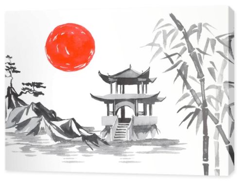 Japan traditional sumi-e painting. Fuji mountain, sakura, sunset. Japan sun. Indian ink illustration. Japanese picture.