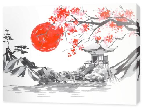 Japan traditional sumi-e painting. Fuji mountain, sakura, sunset. Japan sun. Indian ink illustration. Japanese picture.