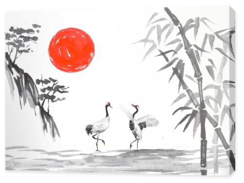 Japan traditional sumi-e painting. Fuji mountain, sakura, sunset. Japan sun. Indian ink illustration. Japanese picture.