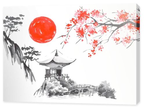 Japan traditional sumi-e painting. Fuji mountain, sakura, sunset. Japan sun. Indian ink illustration. Japanese picture.