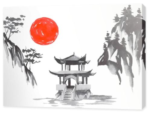 Japan traditional sumi-e painting. Fuji mountain, sakura, sunset. Japan sun. Indian ink illustration. Japanese picture.