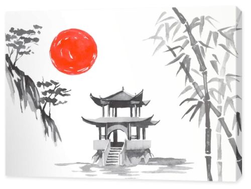 Japan traditional sumi-e painting. Fuji mountain, sakura, sunset. Japan sun. Indian ink illustration. Japanese picture.