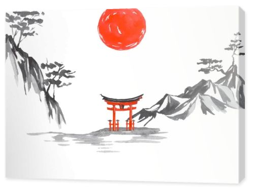Japan traditional sumi-e painting. Fuji mountain, sakura, sunset. Japan sun. Indian ink illustration. Japanese picture.