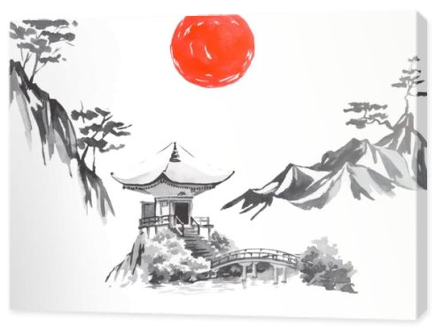 Japan traditional sumi-e painting. Fuji mountain, sakura, sunset. Japan sun. Indian ink illustration. Japanese picture.