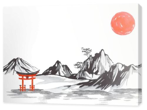 Japan traditional sumi-e painting. Fuji mountain, sakura, sunset. Japan sun. Indian ink illustration. Japanese picture.