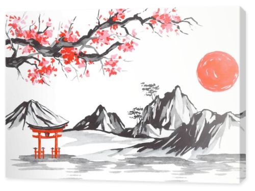 Japan traditional sumi-e painting. Fuji mountain, sakura, sunset. Japan sun. Indian ink illustration. Japanese picture.