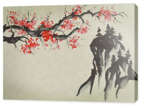 Japan traditional sumi-e painting. Watercolor and ink illustration in style sumi-e, u-sin. Fuji mountain, sakura, sunset. Japan sun. Indian ink illustration. Japanese picture.