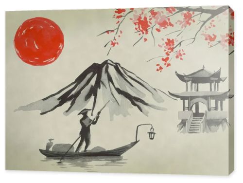 Japan traditional sumi-e painting. Watercolor and ink illustration in style sumi-e, u-sin. Fuji mountain, sakura, sunset. Japan sun. Indian ink illustration. Japanese picture.