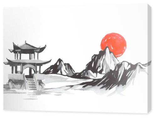 Japan traditional sumi-e painting. Fuji mountain, sakura, sunset. Japan sun. Indian ink illustration. Japanese picture.