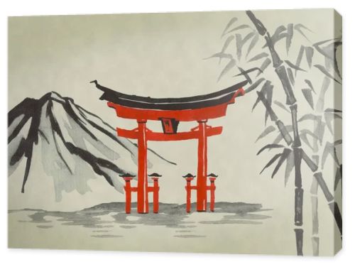 Japan traditional sumi-e painting. Watercolor and ink illustration in style sumi-e, u-sin. Fuji mountain, sakura, sunset. Japan sun. Indian ink illustration. Japanese picture.