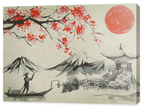 Japan traditional sumi-e painting. Watercolor and ink illustration in style sumi-e, u-sin. Fuji mountain, sakura, sunset. Japan sun. Indian ink illustration. Japanese picture.