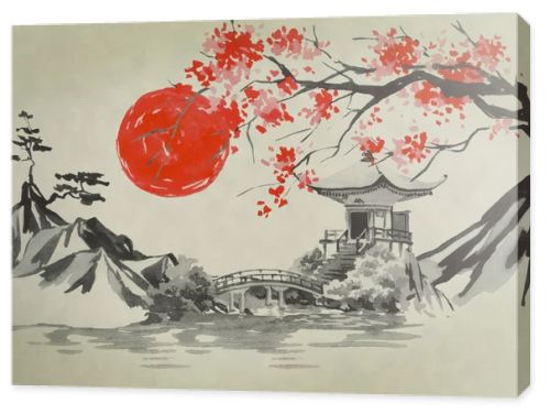 Japan traditional sumi-e painting. Watercolor and ink illustration in style sumi-e, u-sin. Fuji mountain, sakura, sunset. Japan sun. Indian ink illustration. Japanese picture.