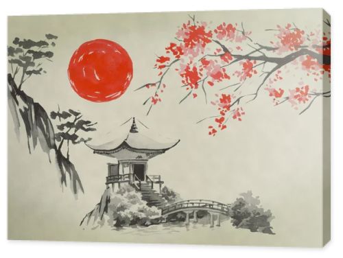 Japan traditional sumi-e painting. Watercolor and ink illustration in style sumi-e, u-sin. Fuji mountain, sakura, sunset. Japan sun. Indian ink illustration. Japanese picture.