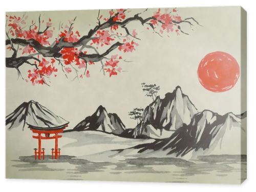 Japan traditional sumi-e painting. Watercolor and ink illustration in style sumi-e, u-sin. Fuji mountain, sakura, sunset. Japan sun. Indian ink illustration. Japanese picture.