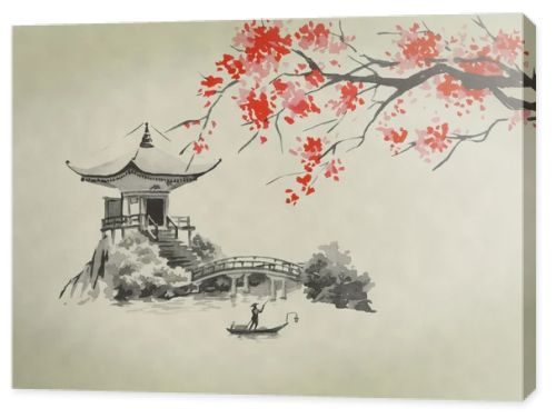 Japan traditional sumi-e painting. Watercolor and ink illustration in style sumi-e, u-sin. Fuji mountain, sakura, sunset. Japan sun. Indian ink illustration. Japanese picture.