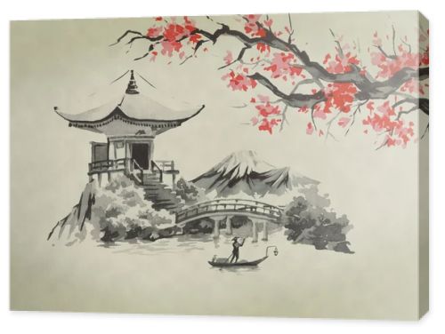 Japan traditional sumi-e painting. Watercolor and ink illustration in style sumi-e, u-sin. Fuji mountain, sakura, sunset. Japan sun. Indian ink illustration. Japanese picture.