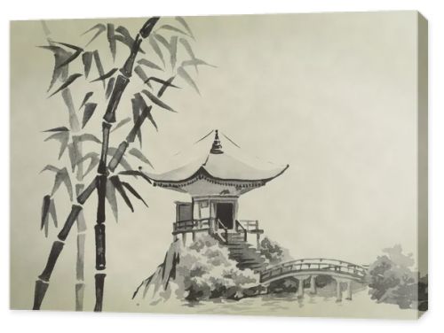 Japan traditional sumi-e painting. Watercolor and ink illustration in style sumi-e, u-sin. Fuji mountain, sakura, sunset. Japan sun. Indian ink illustration. Japanese picture.