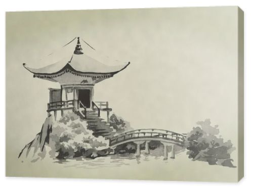 Japan traditional sumi-e painting. Watercolor and ink illustration in style sumi-e, u-sin. Fuji mountain, sakura, sunset. Japan sun. Indian ink illustration. Japanese picture.