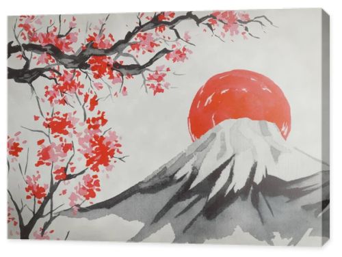 Japan traditional sumi-e painting. Watercolor and ink illustration in style sumi-e, u-sin. Fuji mountain, sakura, sunset. Japan sun. Indian ink illustration. Japanese picture