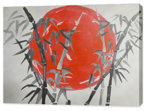 Japan traditional sumi-e painting. Watercolor and ink illustration in style sumi-e, u-sin. Fuji mountain, sakura, sunset. Japan sun. Indian ink illustration. Japanese picture.