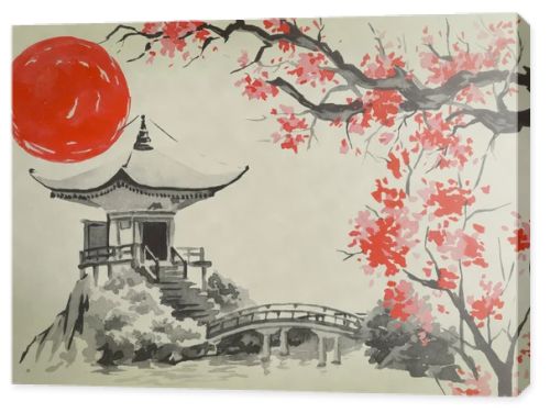 Japan traditional sumi-e painting. Watercolor and ink illustration in style sumi-e, u-sin. Fuji mountain, sakura, sunset. Japan sun. Indian ink illustration. Japanese picture.