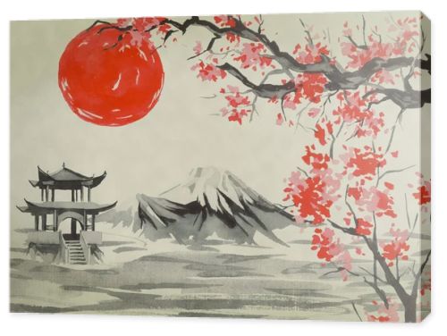 Japan traditional sumi-e painting. Watercolor and ink illustration in style sumi-e, u-sin. Fuji mountain, sakura, sunset. Japan sun. Indian ink illustration. Japanese picture.