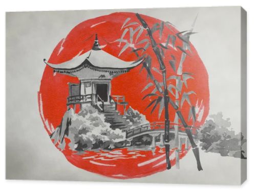 Japan traditional sumi-e painting. Fuji mountain, sakura, sunset. Japan sun. Indian ink illustration. Japanese picture.