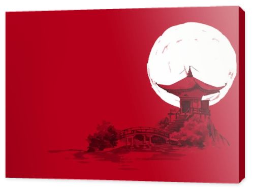 Japan traditional sumi-e painting. Watercolor and ink illustration in style sumi-e, u-sin. Fuji mountain, sakura, sunset. Japan sun. Indian ink illustration. Japanese picture, red background.