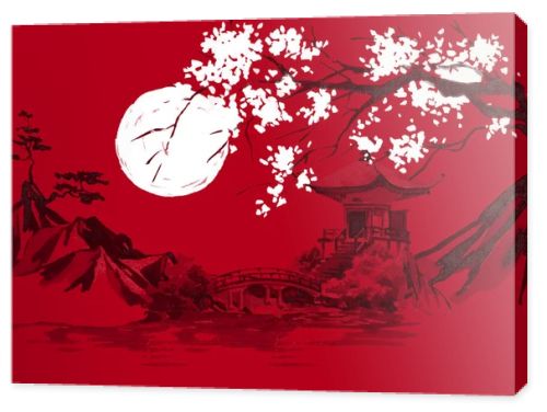 Japan traditional sumi-e painting. Watercolor and ink illustration in style sumi-e, u-sin. Fuji mountain, sakura, sunset. Japan sun. Indian ink illustration. Japanese picture, red background.