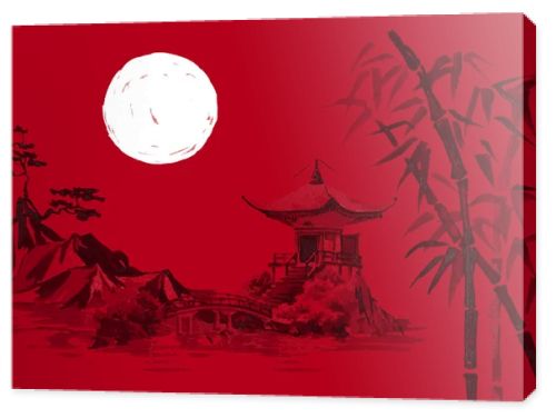 Japan traditional sumi-e painting. Watercolor and ink illustration in style sumi-e, u-sin. Fuji mountain, sakura, sunset. Japan sun. Indian ink illustration. Japanese picture, red background.