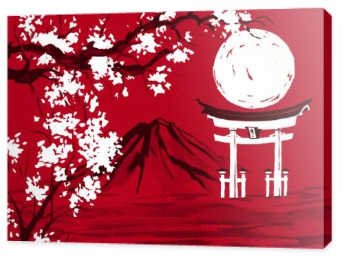 Japan traditional sumi-e painting. Watercolor and ink illustration in style sumi-e, u-sin. Fuji mountain, sakura, sunset. Japan sun. Indian ink illustration. Japanese picture, red background.