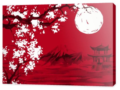 Japan traditional sumi-e painting. Watercolor and ink illustration in style sumi-e, u-sin. Fuji mountain, sakura, sunset. Japan sun. Indian ink illustration. Japanese picture, red background.