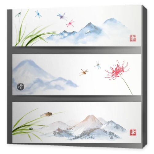 Banners with mountain landscape. Dragonflies and cicada over the flower an grass.  Traditional Japanese ink painting sumi-e, u-sin, go-hua