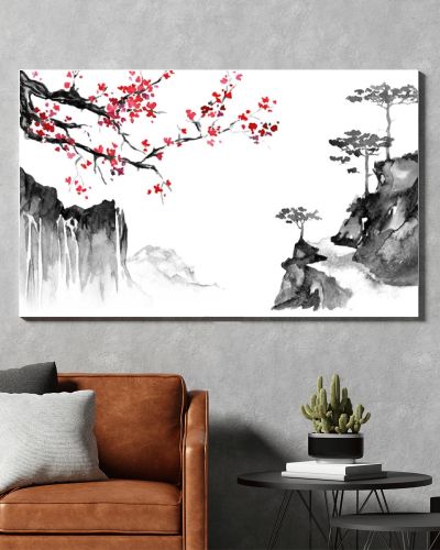 Japan traditional sumi-e painting. Indian ink illustration. Japanese picture. Sakura and mountains