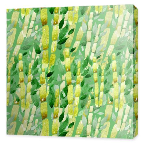 watercolor illustration seamless pattern green forest,bamboo branches with leaves