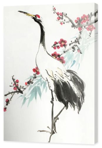 crane and flowering plum branch on a light background