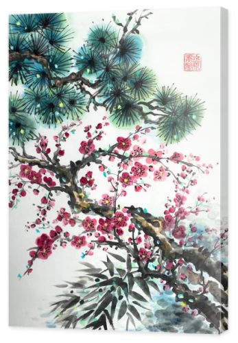 pine branch blossoming plum and bamboo on a light background