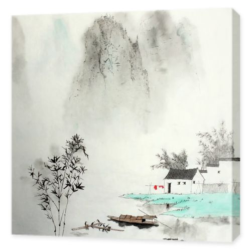 mountain landscape with a fishing house by a lake and a boat