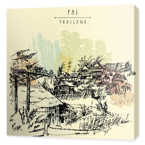 Bamboo huts in Pai valley, Northern Thailand. Atmospheric landscape. Hand drawn vintage artistic postcard template. Vector illustartion