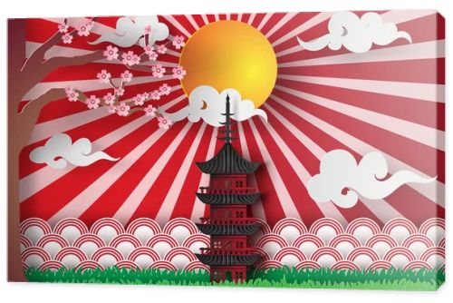 Paper art and craft of spring in  Asian temple with sakura tree and sunlight-cloud background,vector