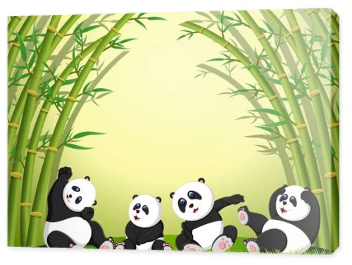 the panda action playing together under the bamboo