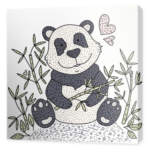 Panda bear Illustration vector with bamboo. Hand drawn cartoon card.
