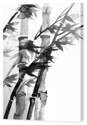 Ink painting with bamboo tree in simple minimalist style on rice paper background. Traditional oriental ink painting sumi-e, u-sin, go-hua. Hieroglyph - clarity.