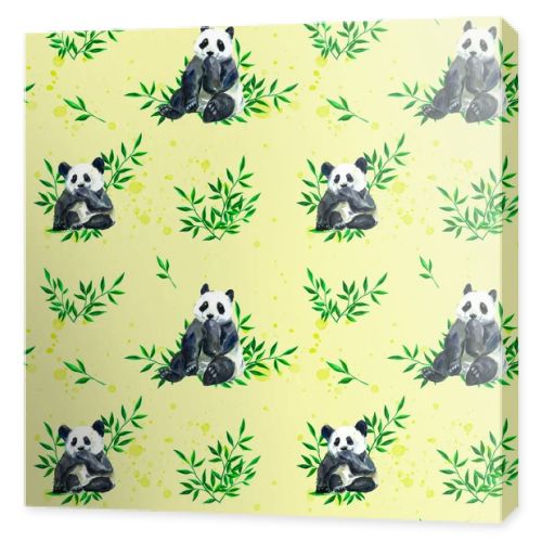 Drawn aquerelle panda print on a yellow background. Textile print. Panda. Bamboo bear. Asia. Japan. China. Lovely watercolor print. Yellow background. Bamboo.